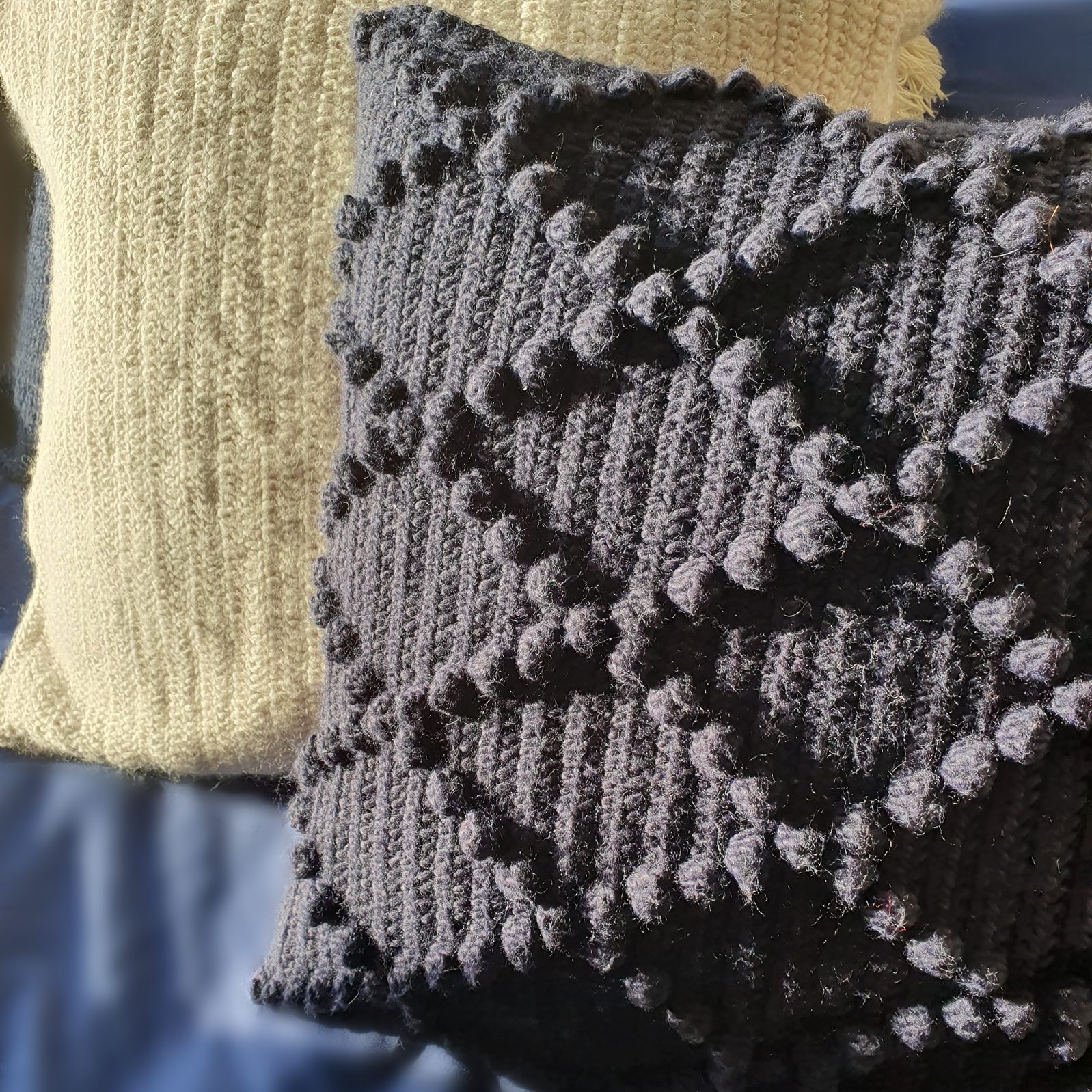 Hand crochet ivory wool bobble stitch cushion